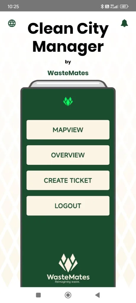 Schermata iniziale dell'app Clean City Manager by WasteMates